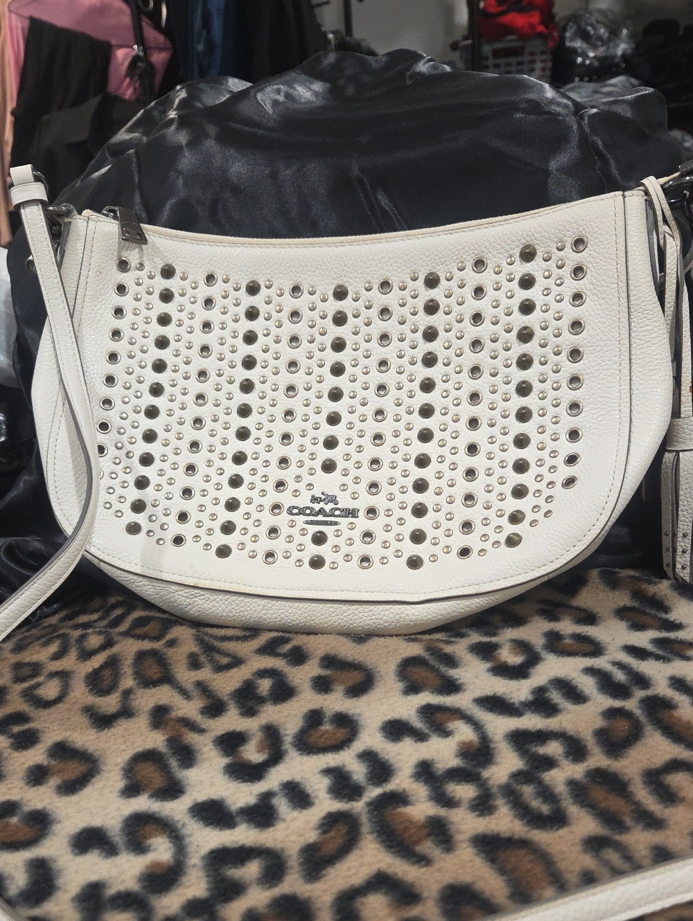 Coach White Leather Studded Shoulder Hobo